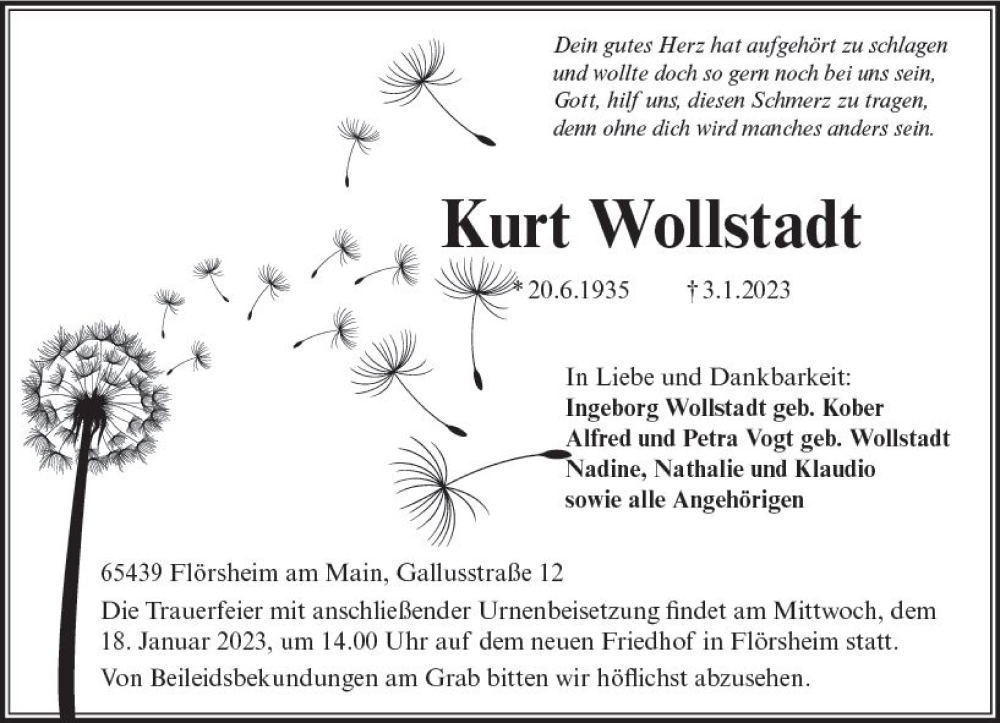  Traueranzeige für Kurt Wollstadt vom 14.01.2023 aus Rüsselsheimer Echo