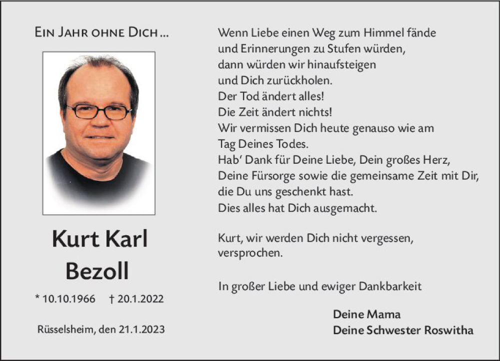  Traueranzeige für Kurt Karl Bezoll vom 21.01.2023 aus Rüsselsheimer Echo