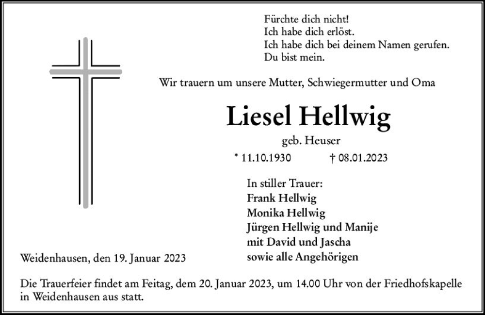  Traueranzeige für Liesel Hellwig vom 19.01.2023 aus Hinterländer Anzeiger