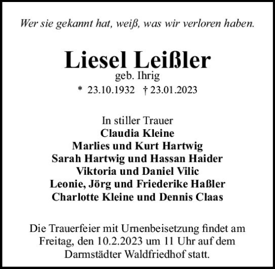 Traueranzeige von Liesel Leißler von Odenwälder Echo