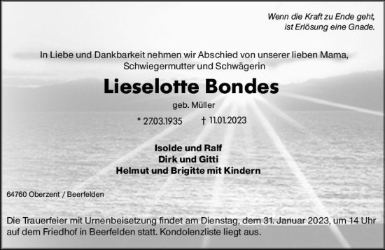 Traueranzeige von Lieselotte Bondes von Odenwälder Echo
