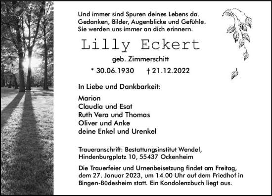 Traueranzeige von Lilly Eckert von Allgemeine Zeitung Ingelheim-Bingen