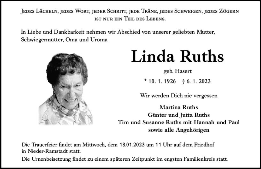  Traueranzeige für Linda Ruths vom 14.01.2023 aus Darmstädter Echo