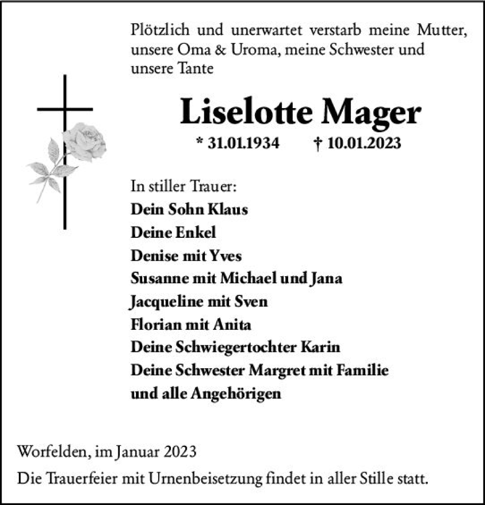  Traueranzeige für Liselotte Mager vom 14.01.2023 aus Darmstädter Echo