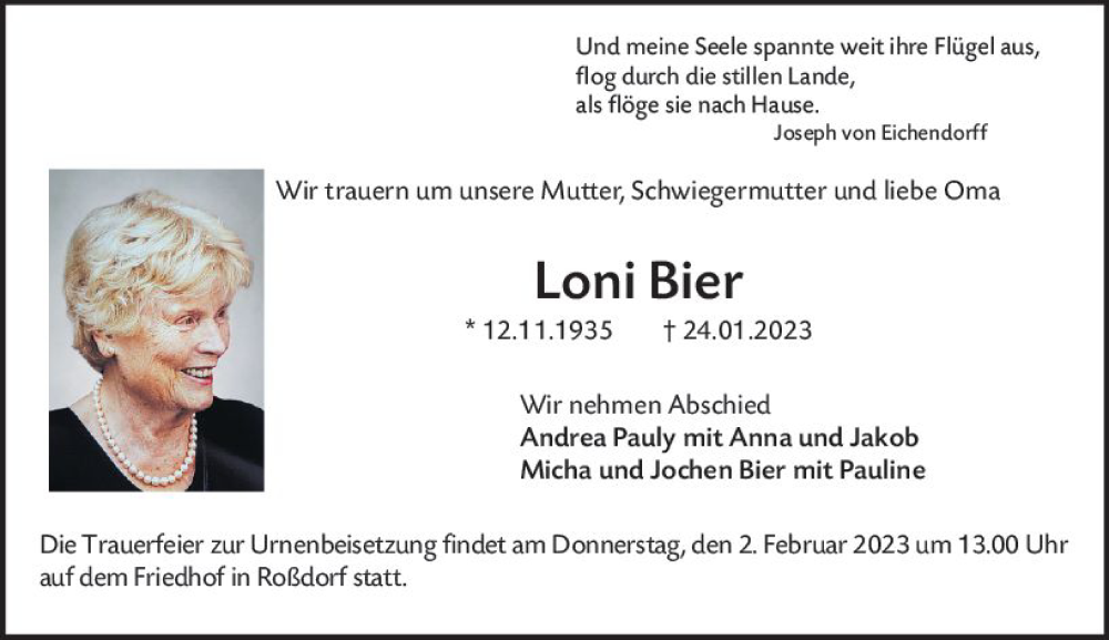 Traueranzeige für Loni Bier vom 28.01.2023 aus Darmstädter Echo