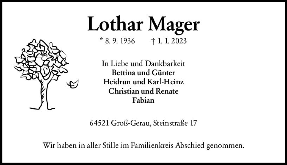  Traueranzeige für Lothar Mager vom 21.01.2023 aus Groß-Gerauer Echo
