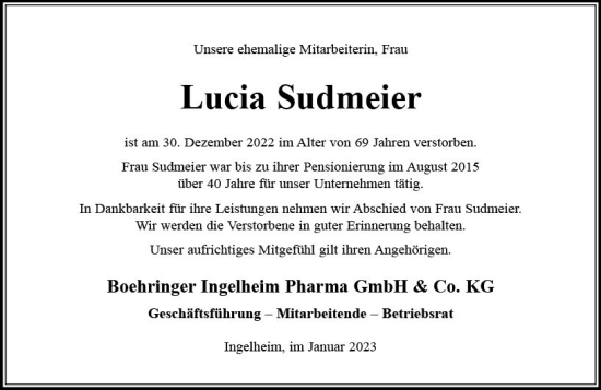 Traueranzeige von Lucia Sudmeier von Allgemeine Zeitung Ingelheim-Bingen