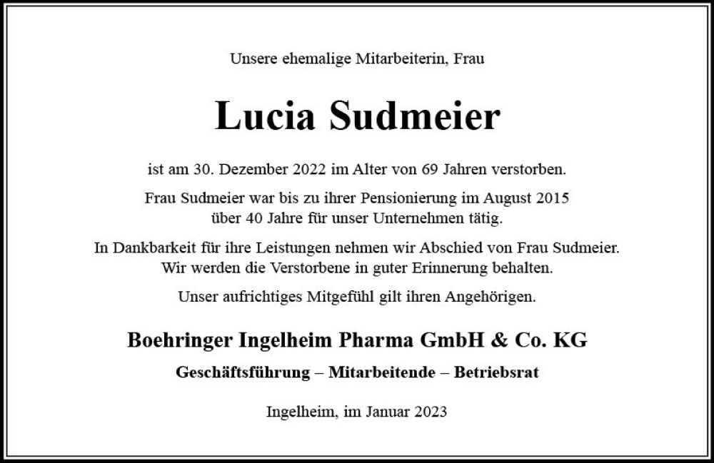  Traueranzeige für Lucia Sudmeier vom 18.01.2023 aus Allgemeine Zeitung Ingelheim-Bingen