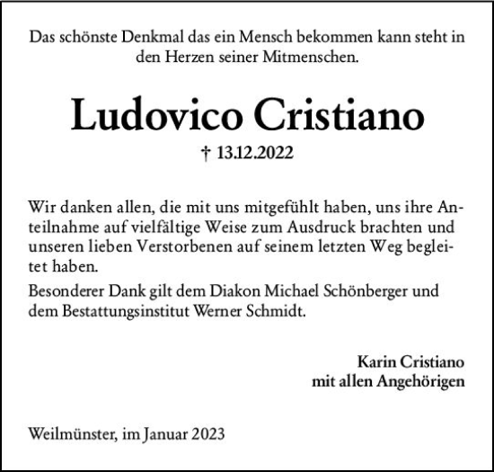 Traueranzeige von Ludovico Cristiano von Weilburger Tageblatt