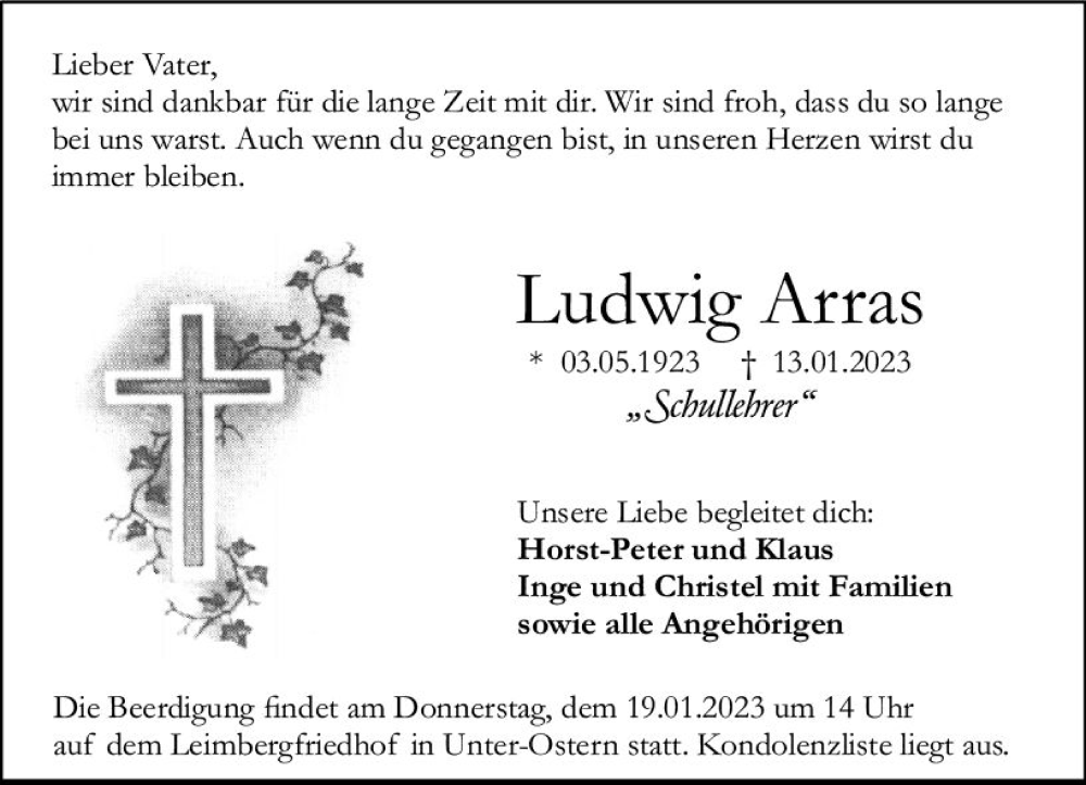  Traueranzeige für Ludwig Arras vom 17.01.2023 aus Odenwälder Echo