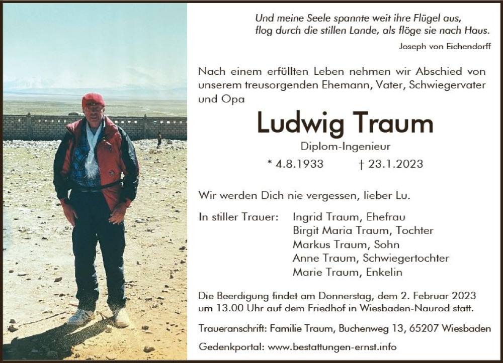  Traueranzeige für Ludwig Traum vom 28.01.2023 aus Wiesbadener Kurier gesamt