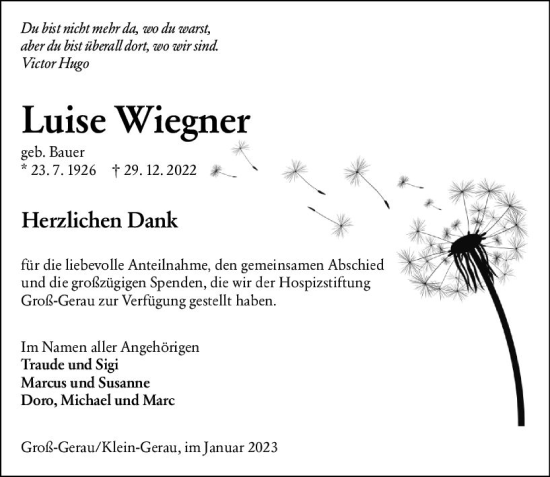 Traueranzeige von Luise Wiegner von Groß-Gerauer Echo