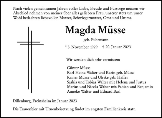 Traueranzeige von Magda Müsse von Dill Block