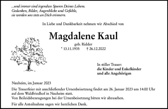 Traueranzeige von Magdalene Kaul von Rüsselsheimer Echo