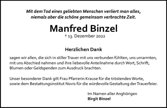 Traueranzeige von Manfred Binzel von Allgemeine Zeitung Mainz