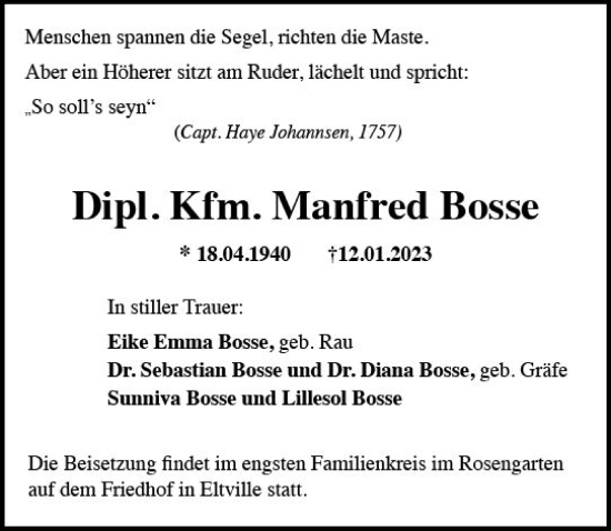 Traueranzeige von Manfred Bosse von WK Rheingau