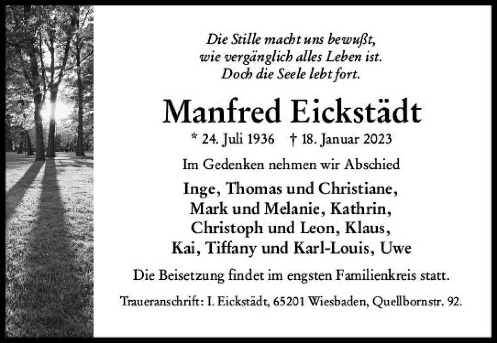  Traueranzeige für Manfred Eickstädt vom 28.01.2023 aus Wiesbadener Kurier gesamt