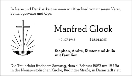 Traueranzeige von Manfred Glock von Darmstädter Echo