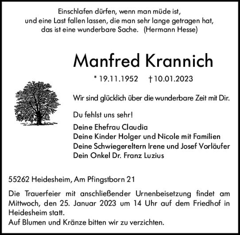  Traueranzeige für Manfred Krannich vom 14.01.2023 aus Allgemeine Zeitung Mainz