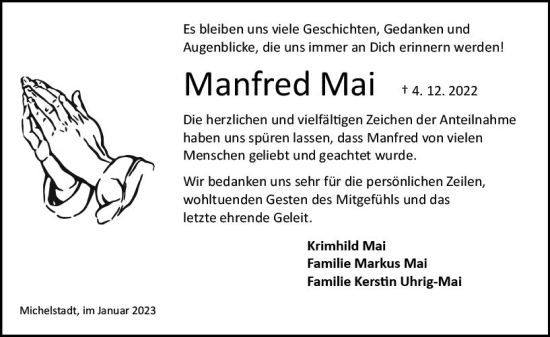 Traueranzeige von Manfred Mai von Odenwälder Echo