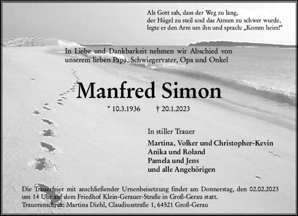  Traueranzeige für Manfred Simon vom 28.01.2023 aus Groß-Gerauer Echo