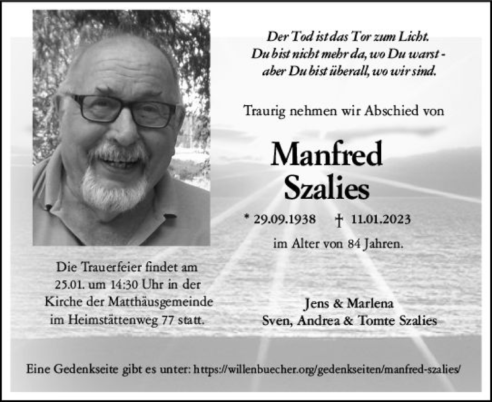  Traueranzeige für Manfred Szalies vom 21.01.2023 aus Darmstädter Echo