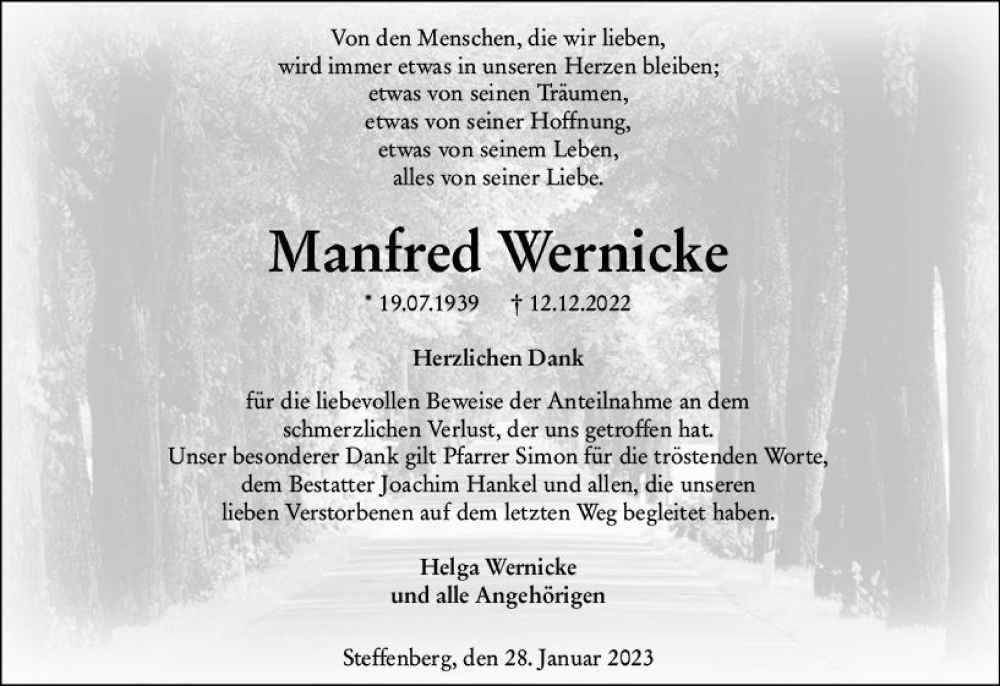  Traueranzeige für Manfred Wernicke vom 28.01.2023 aus Hinterländer Anzeiger