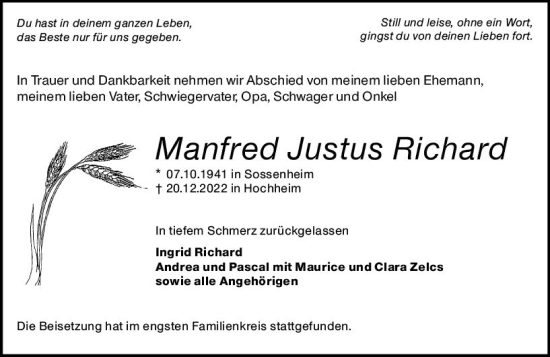 Traueranzeige von Manfred Justus Richard von Hochheimer Zeitung