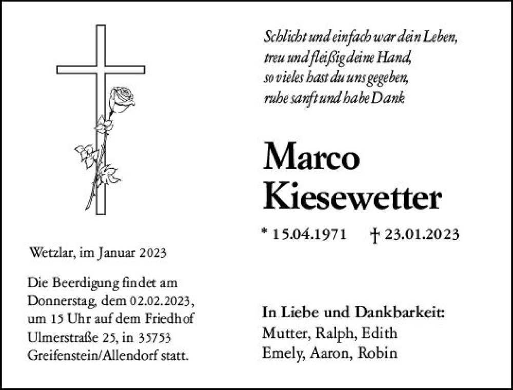  Traueranzeige für Marco Kisewetter vom 31.01.2023 aus Wetzlarer Neue Zeitung