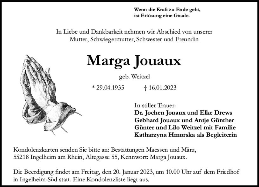  Traueranzeige für Marga Jouaux vom 18.01.2023 aus Allgemeine Zeitung Ingelheim-Bingen