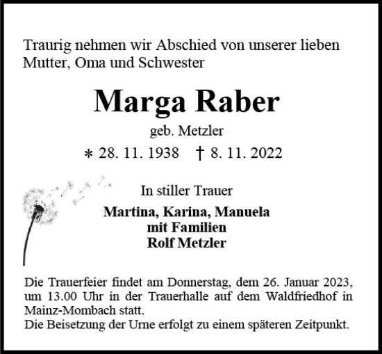 Traueranzeige von Marga Raber von Allgemeine Zeitung Mainz