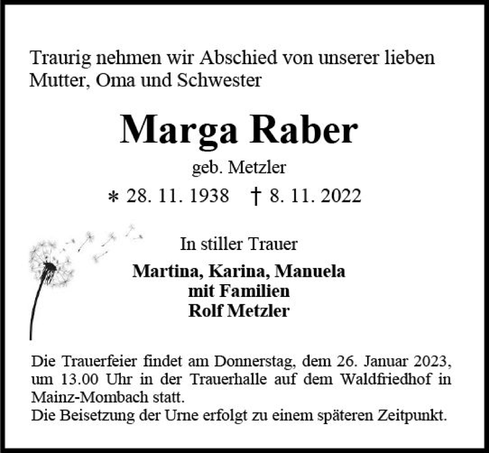  Traueranzeige für Marga Raber vom 21.01.2023 aus Allgemeine Zeitung Mainz