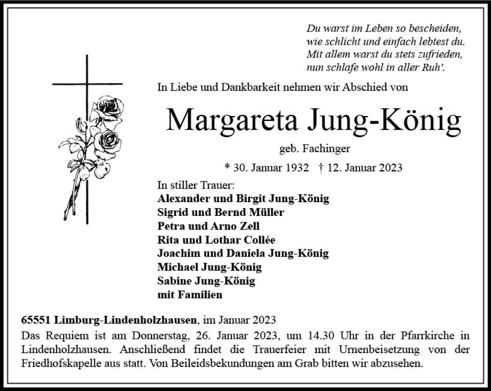  Traueranzeige für Margareta Jung-König vom 21.01.2023 aus Nassauische Neue Presse