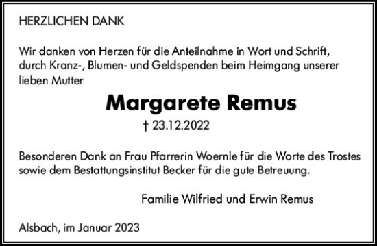 Traueranzeige von Margarete Remus von Darmstädter Echo