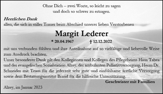 Traueranzeige von Margit Lederer von Allgemeine Zeitung Alzey