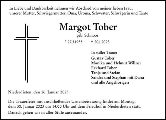 Traueranzeige von Margot Tober von Hinterländer Anzeiger