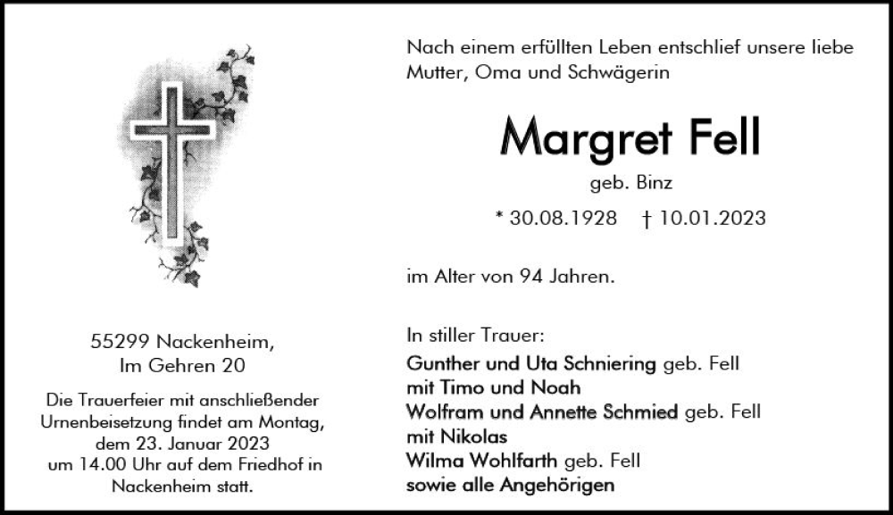  Traueranzeige für Margret Fell vom 14.01.2023 aus Allgemeine Zeitung Mainz