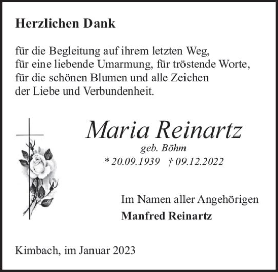 Traueranzeige von Maria Reinartz von Odenwälder Echo