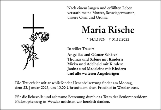 Traueranzeige von Maria Rische von Wetzlarer Neue Zeitung
