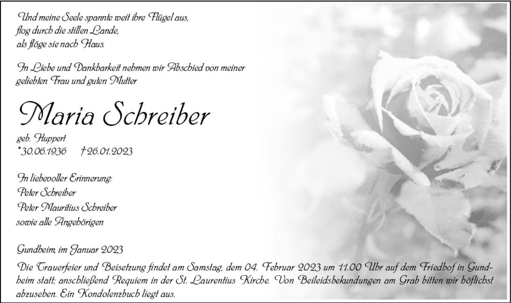  Traueranzeige für Maria Schreiber vom 31.01.2023 aus Wormser Zeitung
