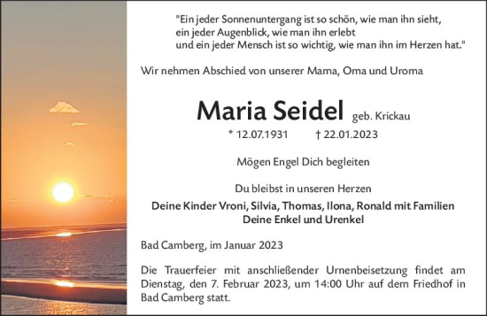 Traueranzeige von Maria Seidel von Camberger Anzeiger