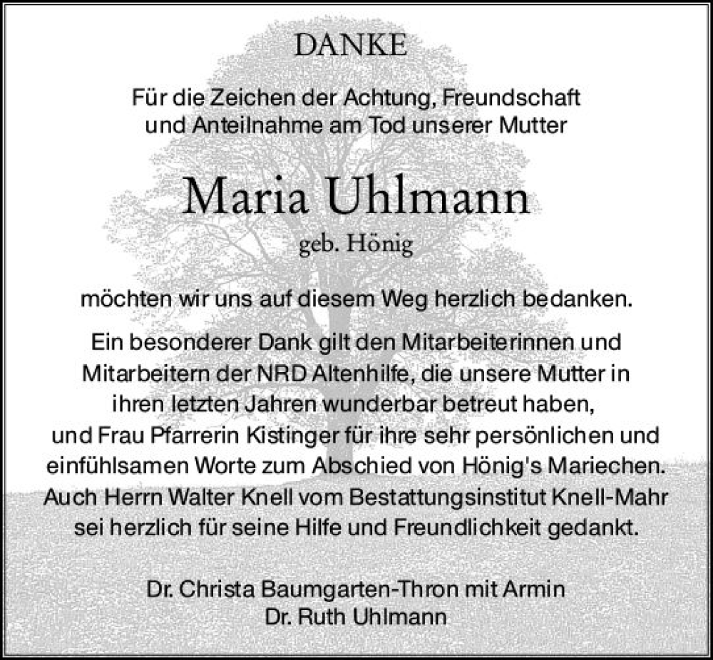  Traueranzeige für Maria Uhlmann vom 28.01.2023 aus Darmstädter Echo