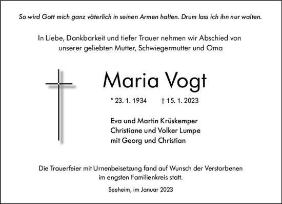 Traueranzeige von Maria Vogt von Darmstädter Echo
