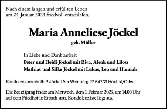 Traueranzeige von Maria Anneliese Jöckel von Odenwälder Echo