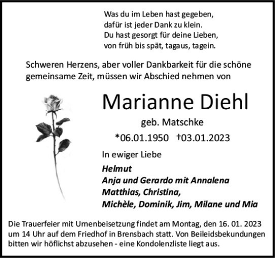 Traueranzeige von Marianne Diehl von Odenwälder Echo