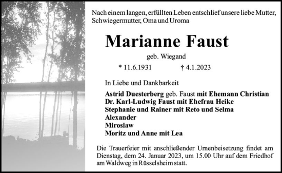 Traueranzeige von Marianne Faust von Rüsselsheimer Echo