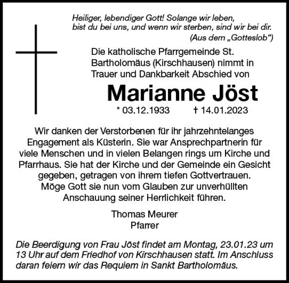  Traueranzeige für Marianne Jöst vom 21.01.2023 aus Starkenburger Echo