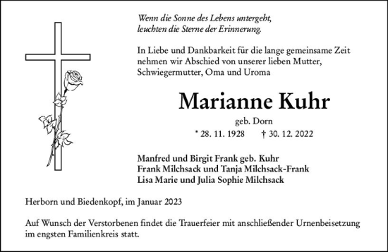 Traueranzeige von Marianne Kuhr von Dill Block