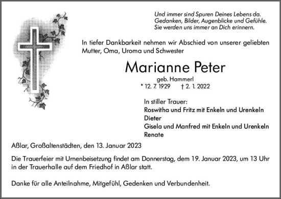Traueranzeige von Marianne Peter von Wetzlarer Neue Zeitung