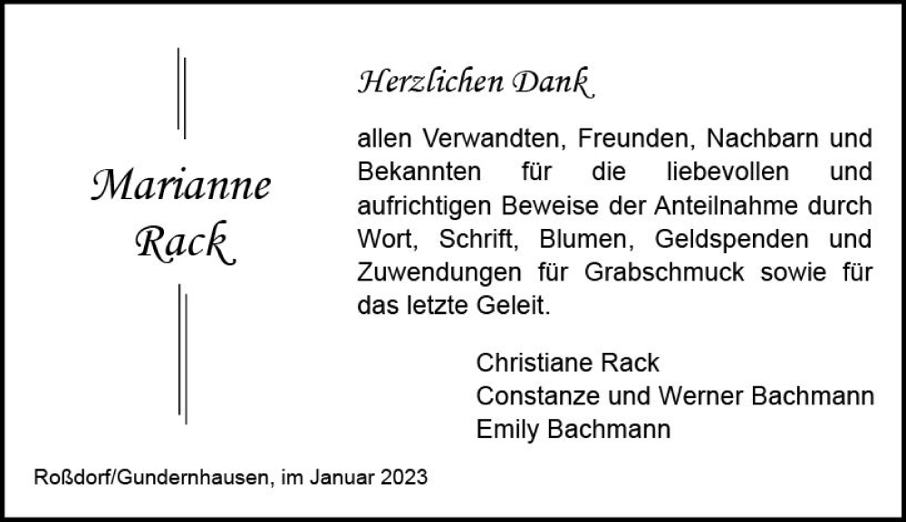  Traueranzeige für Marianne Rack vom 14.01.2023 aus DieburgerAnzeiger/Groß-Zimmerner Lokalanzeiger